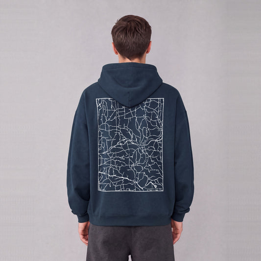 Colesville map hoodie, back print on model - Navy Blue