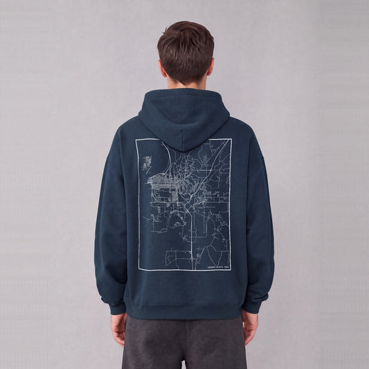 Council Bluffs map hoodie, back print on model - Navy Blue