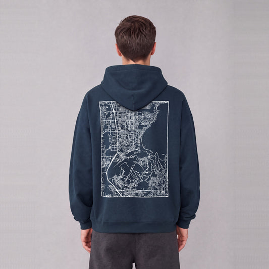 Draper map hoodie, back print on model - Navy Blue