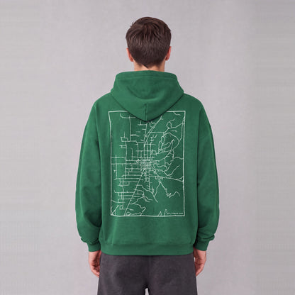 Ephraim map hoodie, back print on model - Eden Green