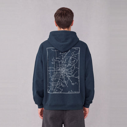 Ephraim map hoodie, back print on model - Navy Blue