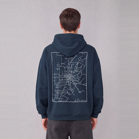 Ephraim map hoodie, back print on model - Navy Blue