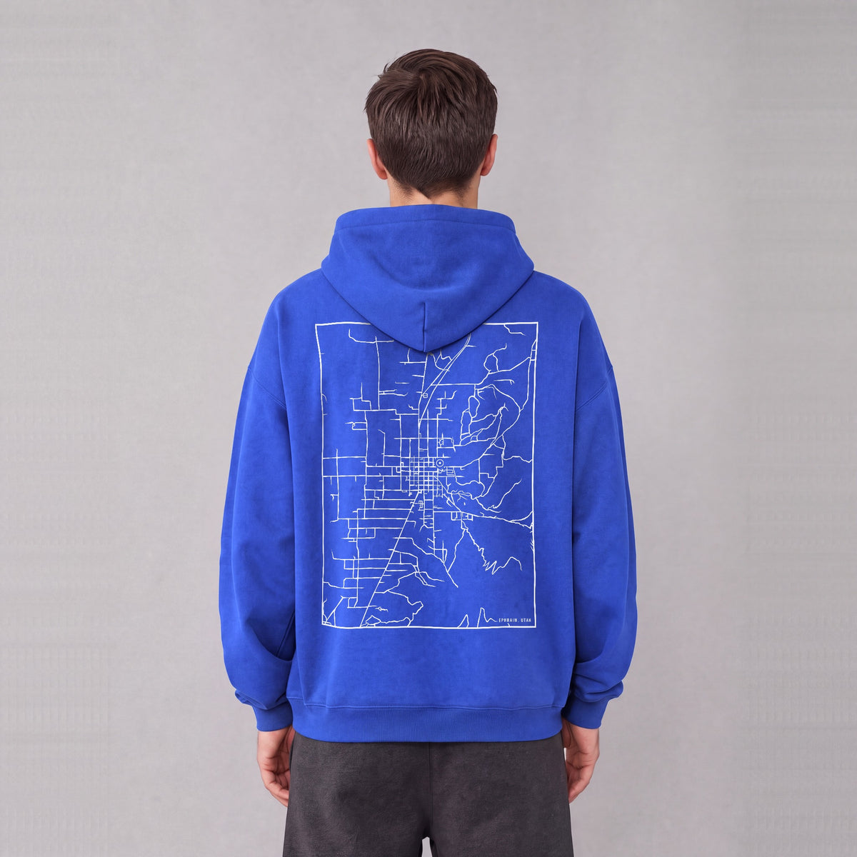 Ephraim map hoodie, back print on model - Royal Blue
