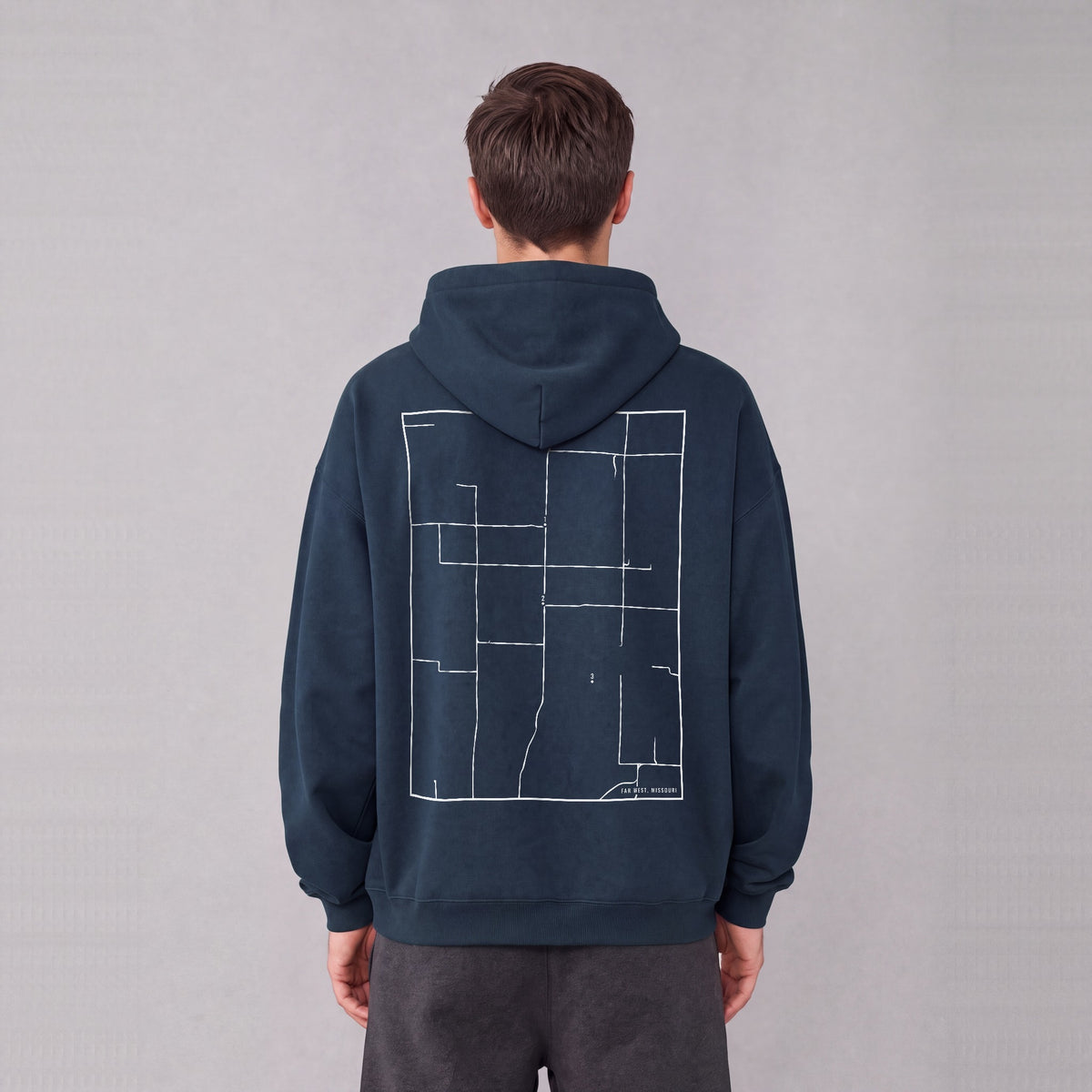 Far West map hoodie, back print on model - Navy Blue
