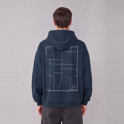 Far West map hoodie, back print on model - Navy Blue