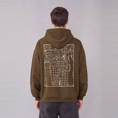Fayette map hoodie, back print on model - Coffee