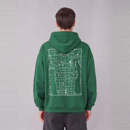 Fayette map hoodie, back print on model - Eden Green