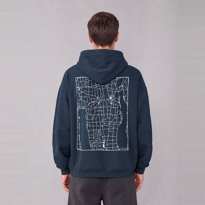 Fayette map hoodie, back print on model - Navy Blue