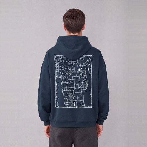 Fayette map hoodie, back print on model - Navy Blue