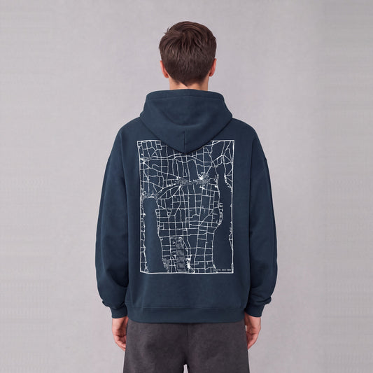 Fayette map hoodie, back print on model - Navy Blue