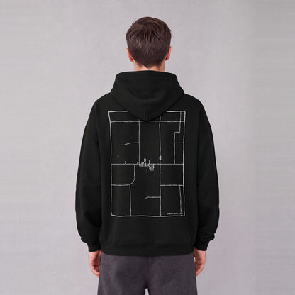 Garden Grove map hoodie, back print on model - Black