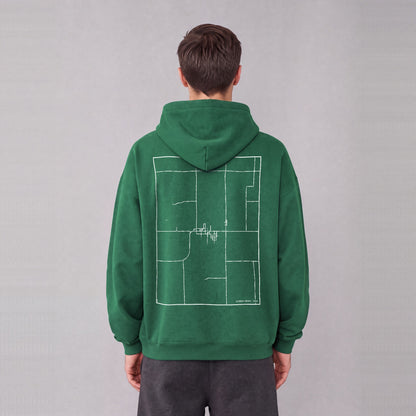 Garden Grove map hoodie, back print on model - Eden Green