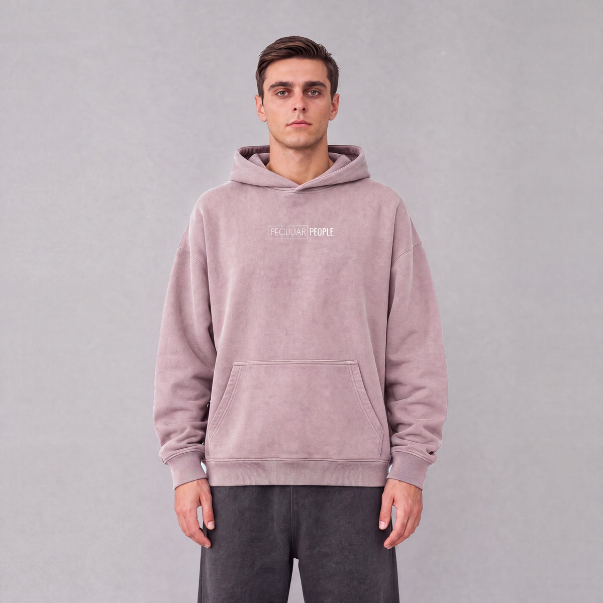 Garden Grove map hoodie, front logo on model - Mauve