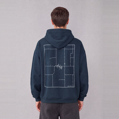 Garden Grove map hoodie, back print on model - Navy Blue