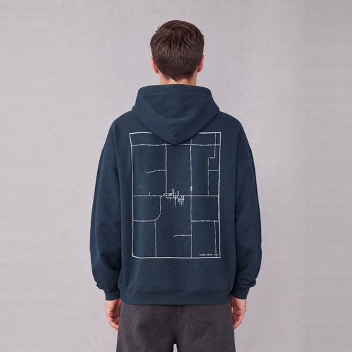 Garden Grove map hoodie, back print on model - Navy Blue