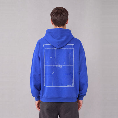 Garden Grove map hoodie, back print on model - Royal Blue