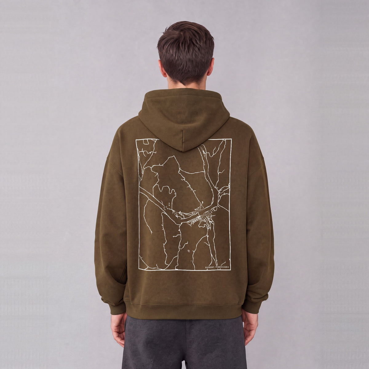 Harmony map hoodie, back print on model - Coffee