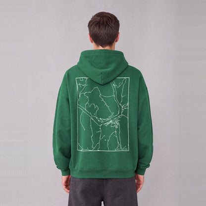 Harmony map hoodie, back print on model - Eden Green