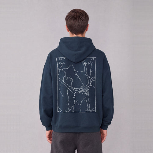 Harmony map hoodie, back print on model - Navy Blue