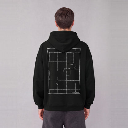 Haun's Mill map hoodie, back print on model - Black