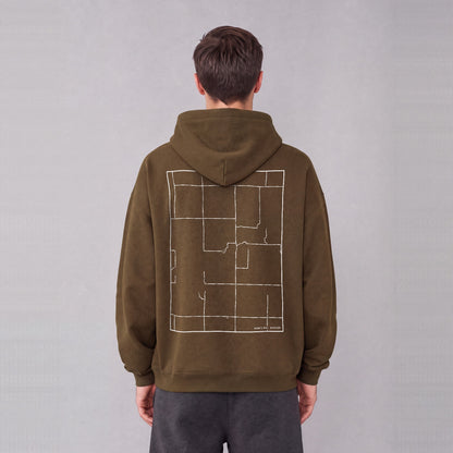 Haun's Mill map hoodie, back print on model - Coffee