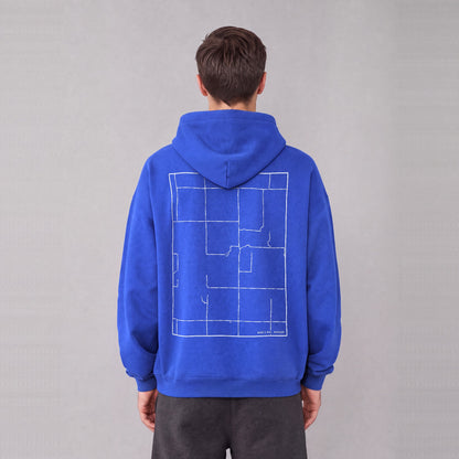 Haun's Mill map hoodie, back print on model - Royal Blue
