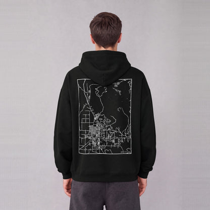 Heber City map hoodie, back print on model - Black