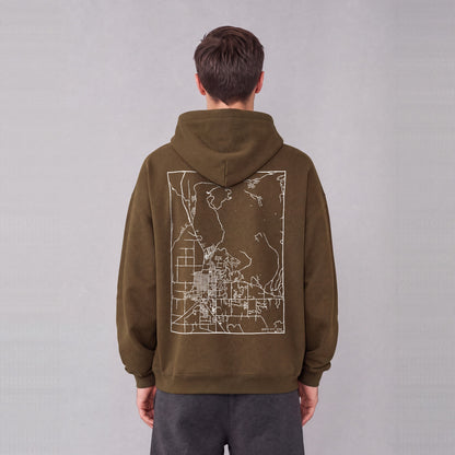 Heber City map hoodie, back print on model - Coffee