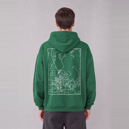 Heber City map hoodie, back print on model - Eden Green