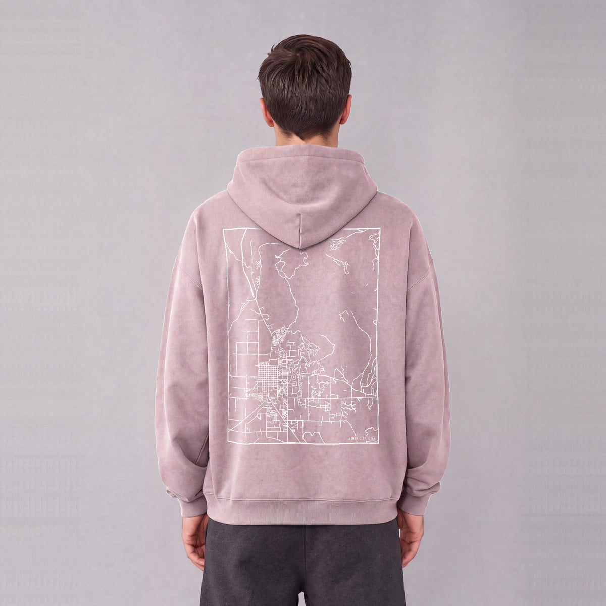 Heber City map hoodie, back print on model - Mauve