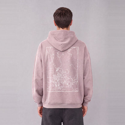 Heber City map hoodie, back print on model - Mauve