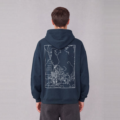 Heber City map hoodie, back print on model - Navy Blue