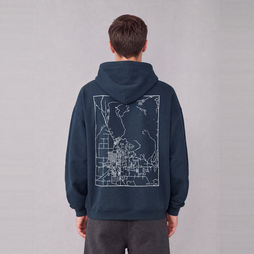 Heber City map hoodie, back print on model - Navy Blue