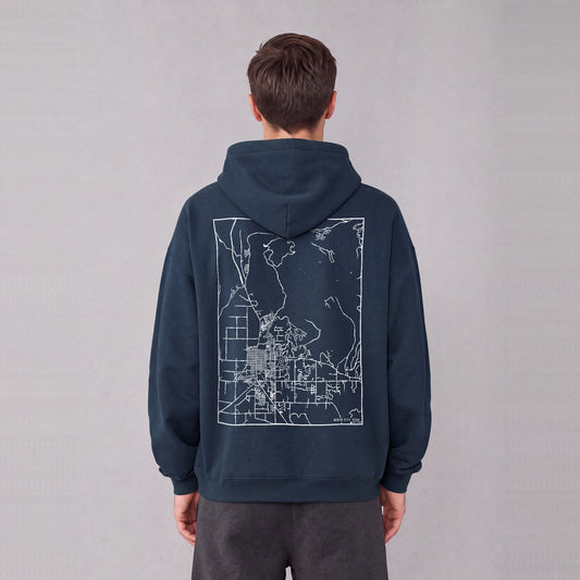 Heber City map hoodie, back print on model - Navy Blue