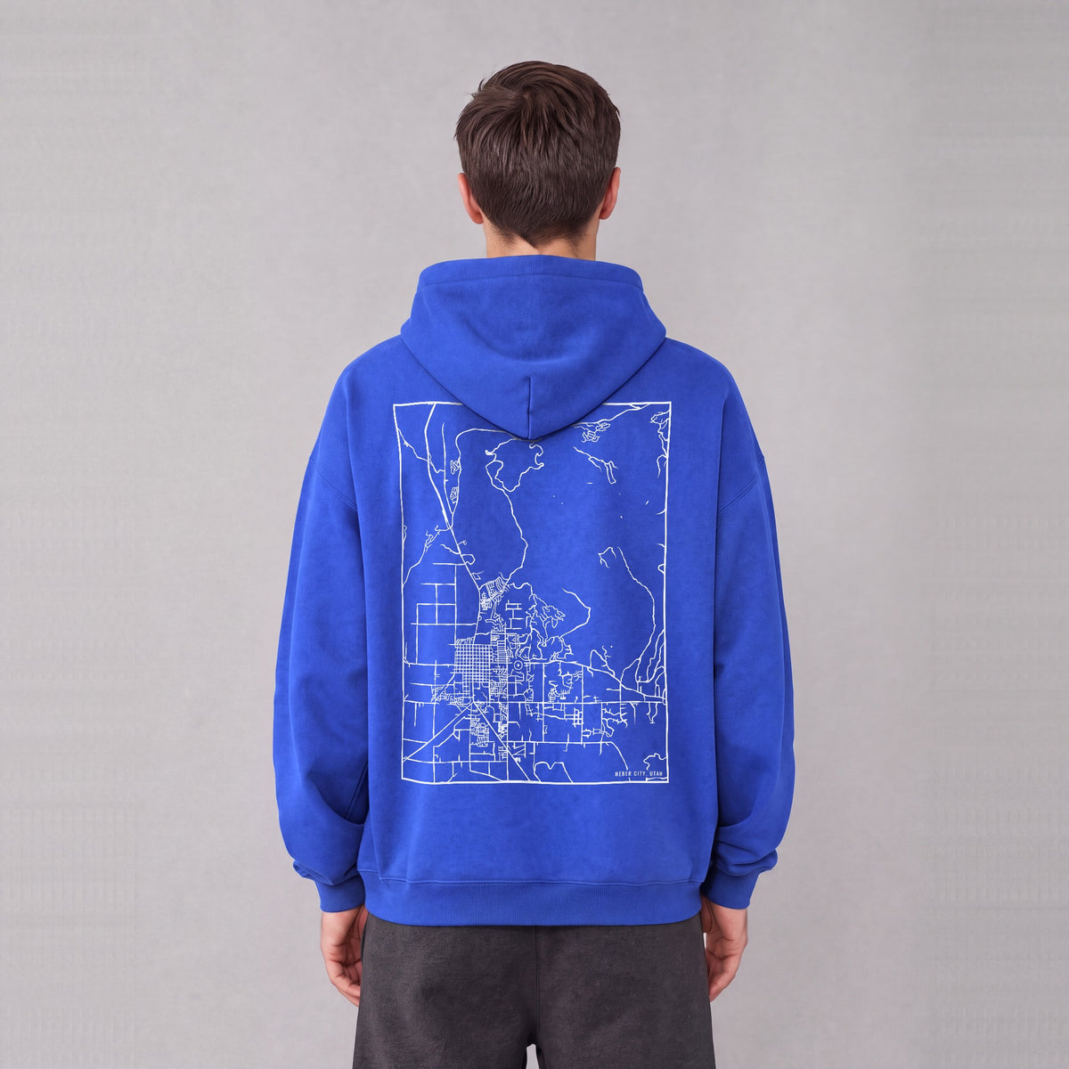 Heber City map hoodie, back print on model - Royal Blue