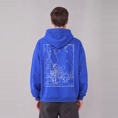 Heber City map hoodie, back print on model - Royal Blue