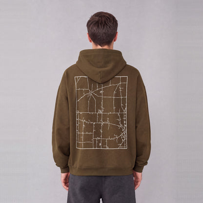 Hiram map hoodie, back print on model - Coffee