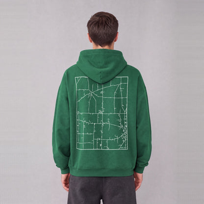 Hiram map hoodie, back print on model - Eden Green