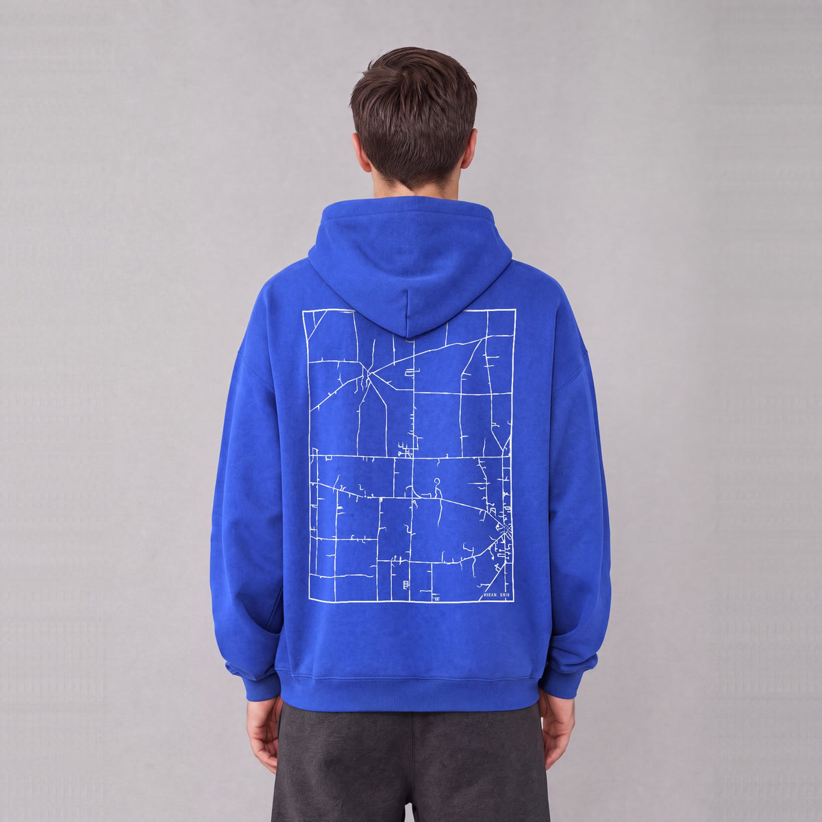 Hiram map hoodie, back print on model - Royal Blue