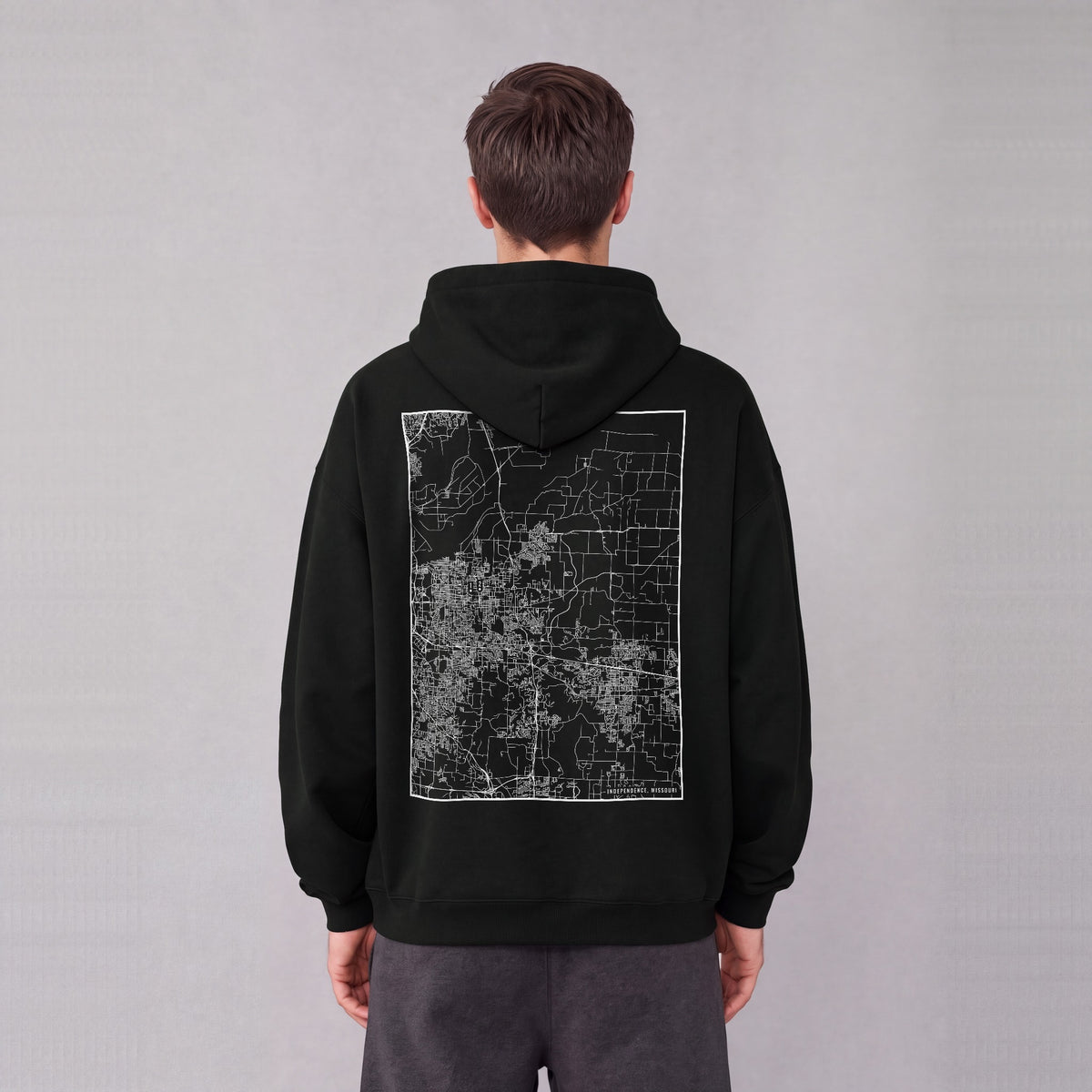 Independence map hoodie, back print on model - Black