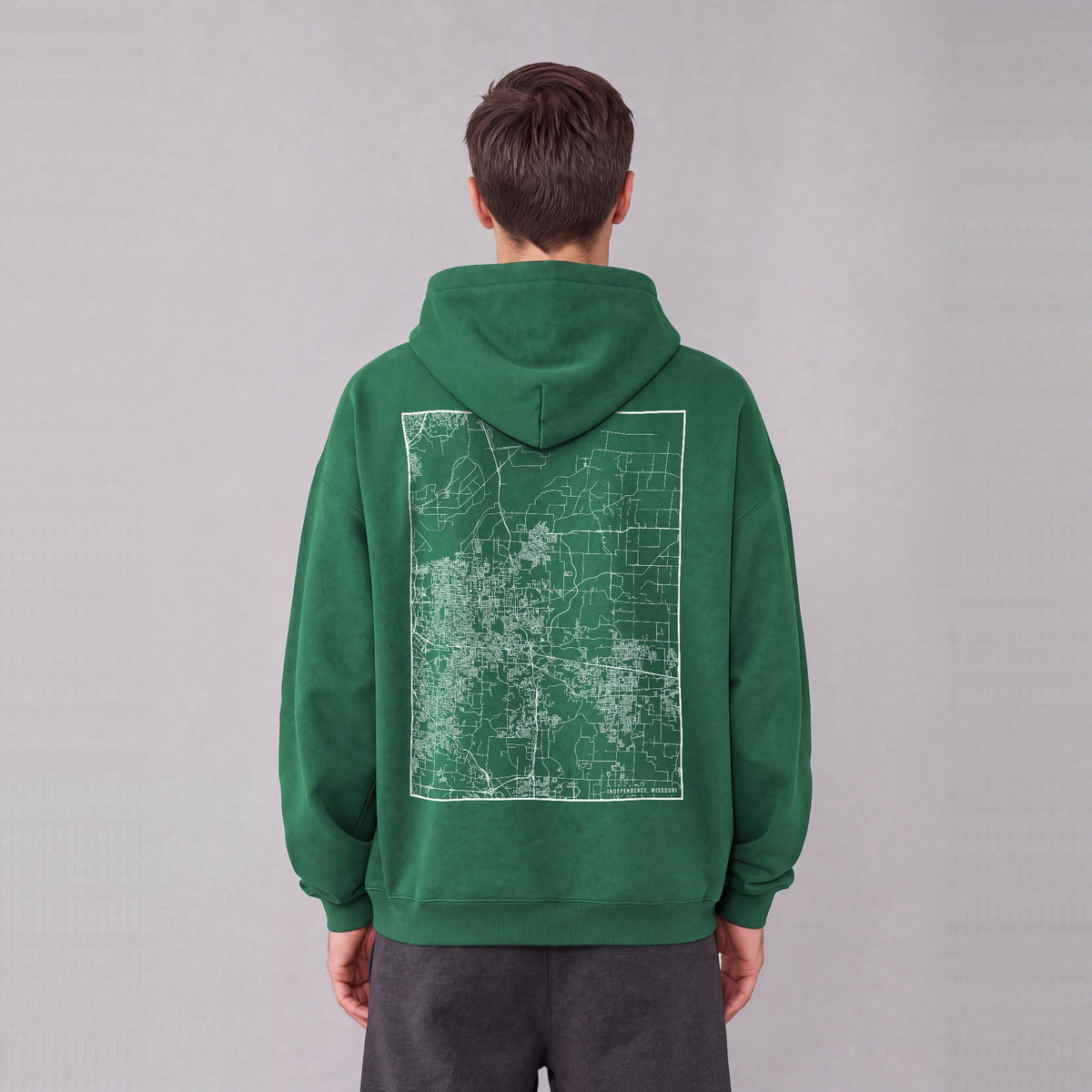 Independence map hoodie, back print on model - Eden Green