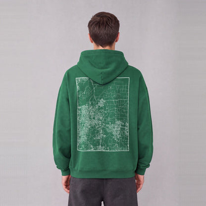 Independence map hoodie, back print on model - Eden Green