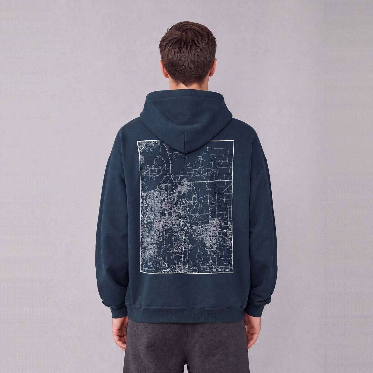 Independence map hoodie, back print on model - Navy Blue