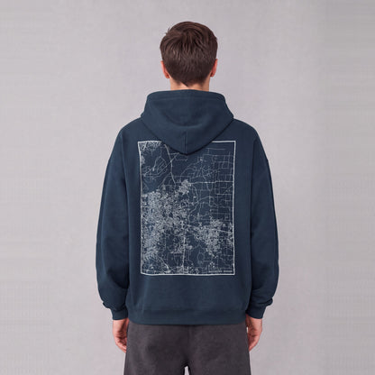 Independence map hoodie, back print on model - Navy Blue