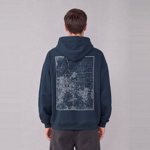 Independence map hoodie, back print on model - Navy Blue
