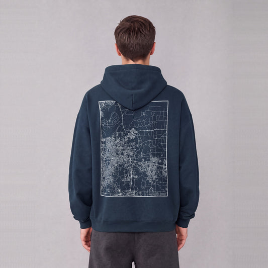 Independence map hoodie, back print on model - Navy Blue