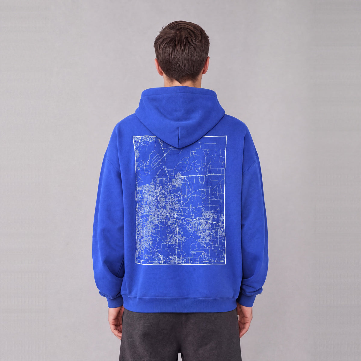 Independence map hoodie, back print on model - Royal Blue