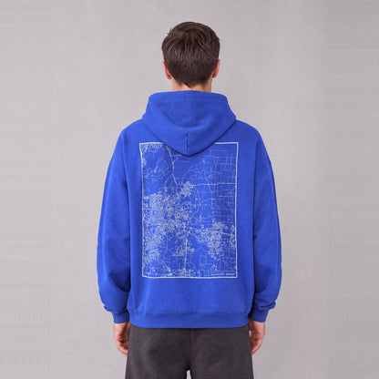 Independence map hoodie, back print on model - Royal Blue
