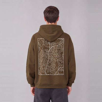 Kensington map hoodie, back print on model - Coffee