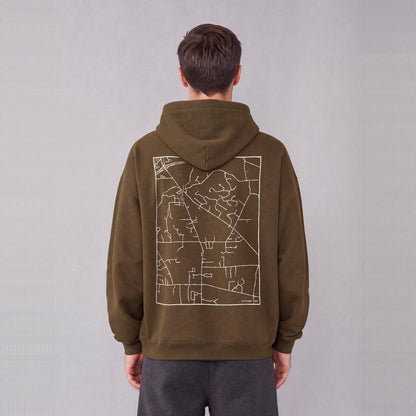 Kirtland map hoodie, back print on model - Coffee